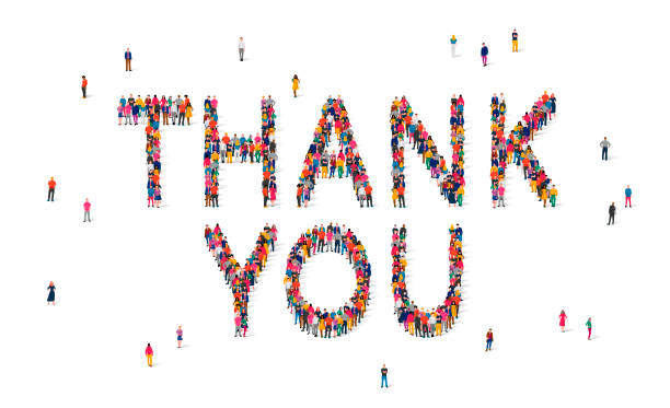 Group of people standing in the word Thank You. Vector illustration on white background. Group of people standing in the word Thank You. Vector illustration on white background. A concept of gratitude. thank you kids stock illustrations