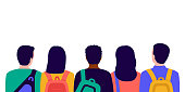 istock Group of people students with bags in school, back view. Meeting of young men and women before education. Vector illustration 1334437504