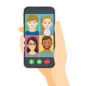 group-of-people-talking-and-meeting-in-video-call-vector-id1302220692