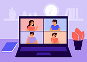 Group of people talking and meeting in video call. Working by internet from home. Colleagues video online conference. Men, women on laptop screen. Communication, chat, meeting friends. Vector