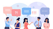 Group of people talking and thinking, friends with speech bubbles, vector flat illustration