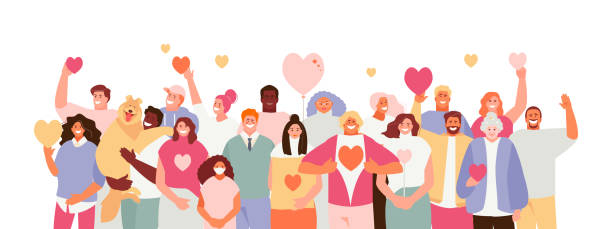 stockillustraties, clipart, cartoons en iconen met groep mensenvrijwilligers met harten - sharing