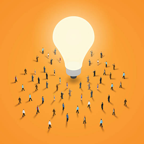 Group of people walking to a light bulb. A group of people walking to a light bulb. It 's a brainstorm, inspiration, idea business concept. Isometric illustration vector EPS 10. small business stock illustrations