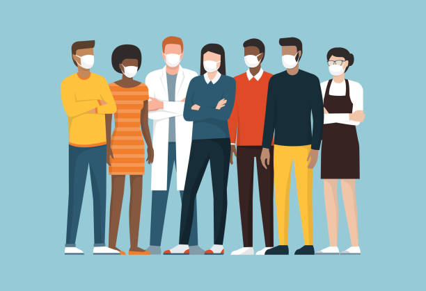 Group of people wearing surgical masks and standing together Group of people wearing surgical masks and standing together, coronavirus covid-20119 prevention and safety procedures concept young adult stock illustrations