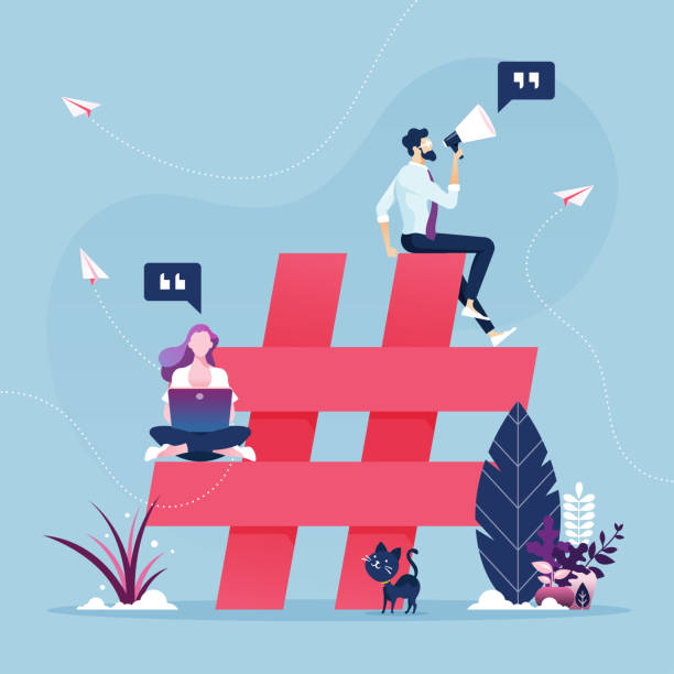 ilustrações, clipart, desenhos animados e ícones de grupo de pessoas com ícone do hashtag-conceito social do mercado dos media - rede social