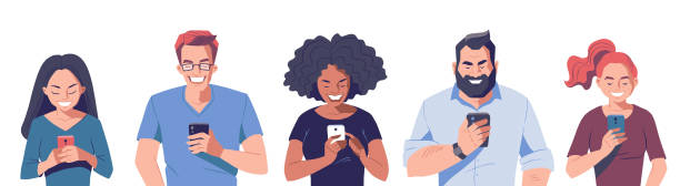 Group of people with smartphones. Vector character illustration. Group of people with smartphones. Men and women holding mobile phone in hands. Online communication concept. Vector character illustration. black woman using phone stock illustrations
