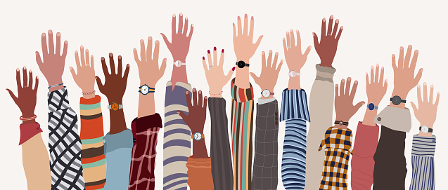 Group of raised arms and hands of multicultural colleagues or friends.Collaboration between teamwork or community of multi-ethnic people.Investment or startup -financing- support concept
