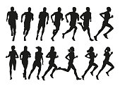 Group of running people, set of isolated vector silhouettes, side view