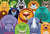 vector illustration of group of safari  animals gathering