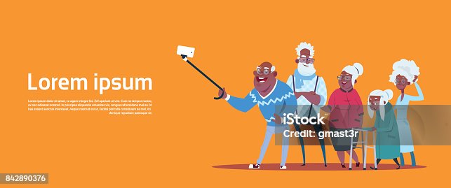 istock Group Of Senior People Taking Selfie Photo With Self Stick Modern African American Grandfather And Grandmother 842890376