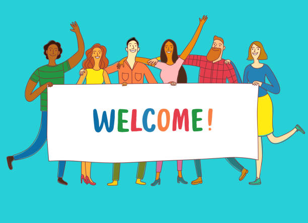 Group of six happy friends holding big banner with welcome us title. Group of six happy friends, boys and girls, holding big banner. Including Welcome title. Cartoon illustration for your design. greeting stock illustrations