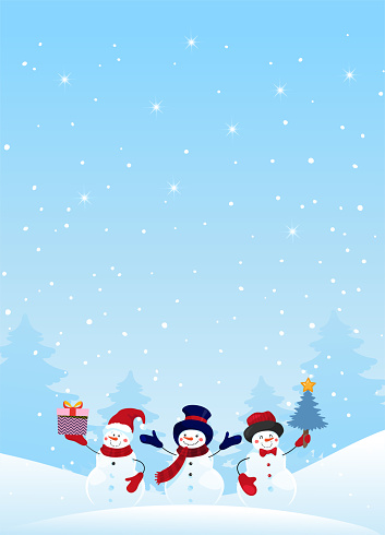 Group of snowman characters with presents and Christmas tree on a winter snowy background. A Christmas card with holiday design elements. Flat vector stock with copy space