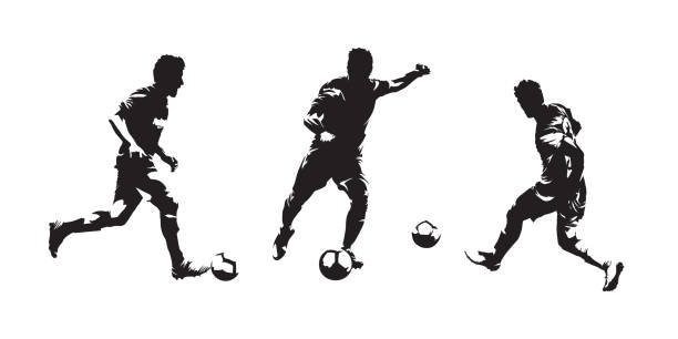 Group of soccer players isolated vector silhouettes. Set of european football ink drawings Group of soccer players isolated vector silhouettes. Set of european football ink drawings background of a classic black white soccer ball stock illustrations