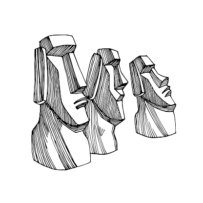 group of stone statues from Easter island, moai monuments, exotic touristic landmark, vector illustration with black ink lines isolated on white background in doodle & hand drawn style