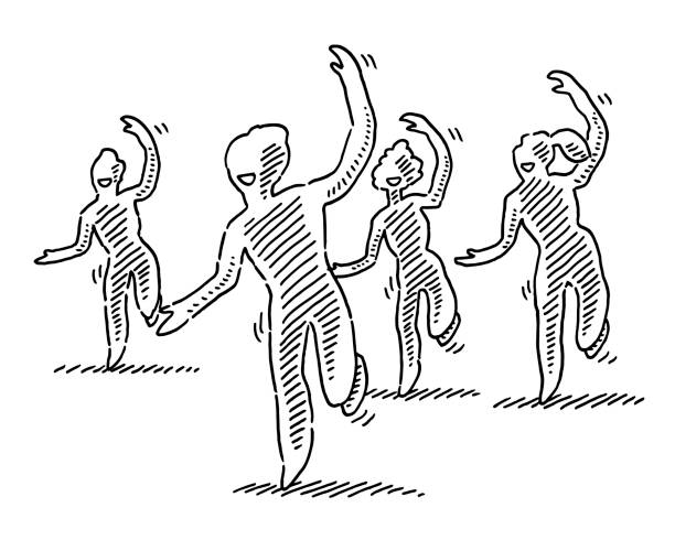 Group Of Synchronously Dancing Women Drawing Hand-drawn vector drawing of a Group Of Synchronously Dancing Women. Black-and-White sketch on a transparent background (.eps-file). Included files are EPS (v10) and Hi-Res JPG. dancing drawings stock illustrations