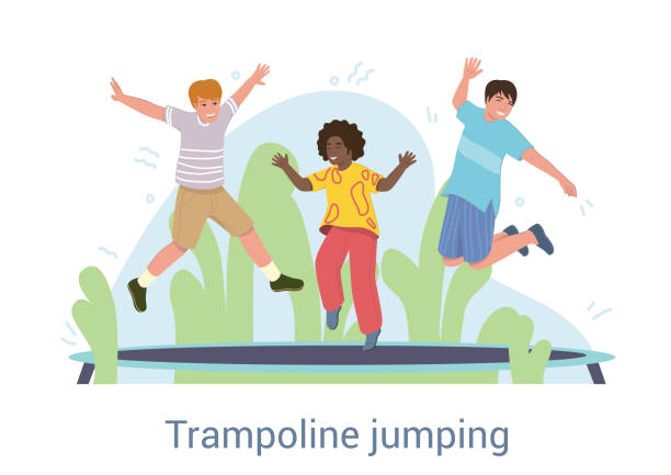 Group of three young friends jumping on a trampoline Group of three happy laughing diverse young friends playing on a trampoline outdoors in the garden with text below - Trampoline Jumping, colored flat cartoon vector illustration clip art of kid jumping on trampoline stock illustrations