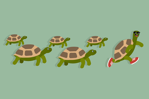 Group of turtles on a race, one of them in sport shoes happy running leading the race