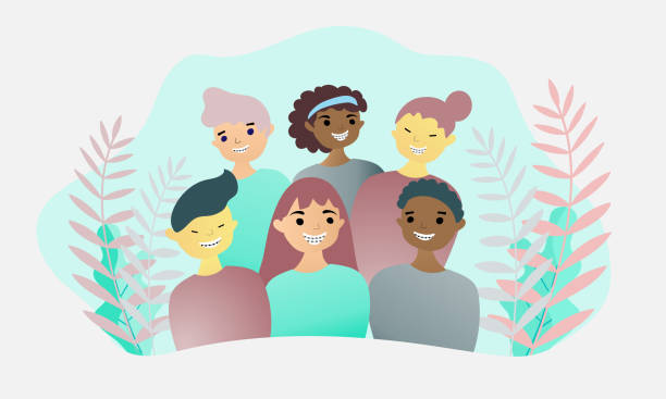 Group of various adult people wearing braces. vector art illustration