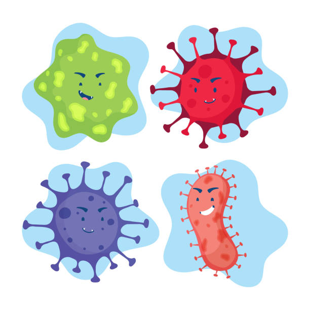 gruppe von virusteilchen comic-charaktere - coronavirus mutation stock-grafiken, -clipart, -cartoons und -symbole