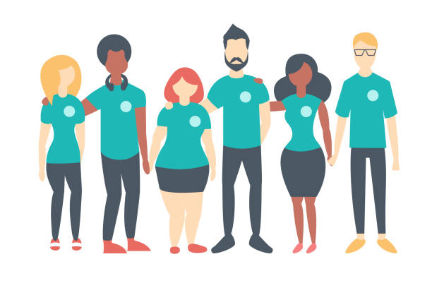 Group of Volunteers wearing same color t-shirts Group of Volunteers wearing same color t-shirts. Multinational people standing happily together. Vector flat isolated image volunteer stock illustrations