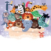 vector illustration of happy group of wild animals bathing… 