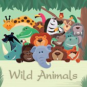 vector illustration of happy group of wild animals gathering… 