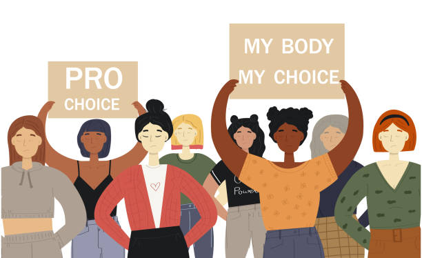 A group of women expressing their right to have aborthion A group of women expressing their right to have aborthion. Pro choice concept. Protect Roe V Wade. Constitutional human rights. Feminism. My body, my choice. abortion protest stock illustrations
