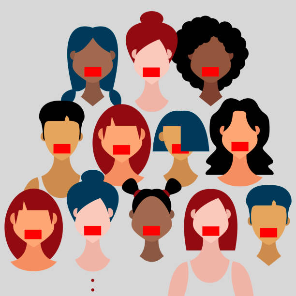 stockillustraties, clipart, cartoons en iconen met groep vrouwen van verschillende etnische groepen met hun monden die met rode rechthoeken worden geplakt - plakband mond
