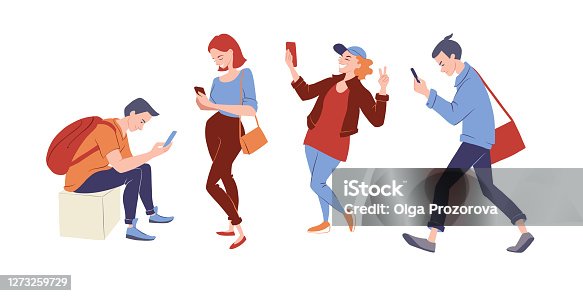 istock Group of young adults, students with smartphones. Vector character illustration isolated on white 1273259729