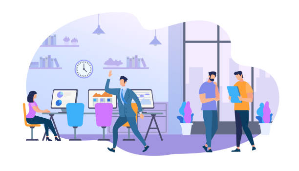 Group of Young Business People Working Together Group of Young Business People Working Together Sit at Office Desk in Modern Coworker Center. Coworking Men and Woman Creative Workers Team. Brainstorming Meeting Cartoon Flat Vector Illustration modern office stock illustrations