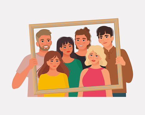 Group of young people, men and women, friends, friendship. Photo for memory. Vector illustration in flat style