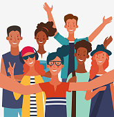 Group of young people taking a selfie and laughing. Friendship, Communication, Teamwork and connection vector concept
