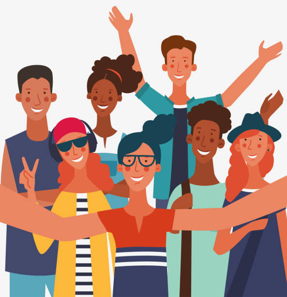stockillustraties, clipart, cartoons en iconen met groep jonge mensen die een selfie nemen en lachen. vriendschap, communicatie, teamwork en verbindingsvectorconcept - teenagers hanging out