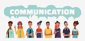 Group of young people with  dialog speech bubbles. Communication, teamwork and connection vector concept