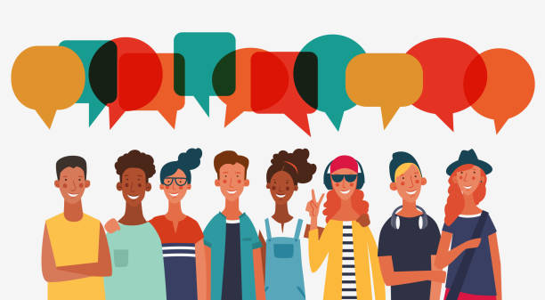 Group of young people with dialog speech bubbles. Communication, teamwork and connection vector concept Group of young people with dialog speech bubbles. Communication, teamwork and connection vector concept linguistics stock illustrations