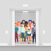 Group of young smiling people with phones, bags, flowers in the bright lighted modern crowded elevator with open doors vector illustration