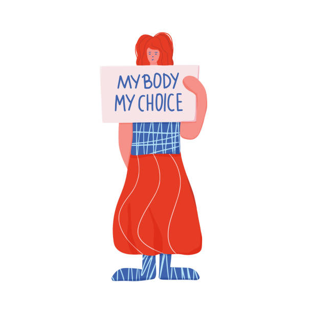 Group of young woman holding banners blanks. Activist. Lady standing full length together with placard My body my choice. Young woman holding blanks of banners and placards. Vector illustration. abortion protest stock illustrations