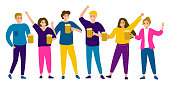 Group of male and female friends are holding beer mug. Beer festival Oktoberfest. Vector illustrtion