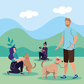 group people performing outdoor activities, couple on a walk with a dogs and photographer woman vector illustration design
