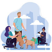 group people performing outdoor activities, couple on a walk with a dogs and photographer woman vector illustration design