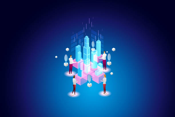 Group people touching city on blue background. Building a city in a virtual world Experience Metaverse, the limitless virtual reality technology. isometric vector illustration. metaverse stock illustrations