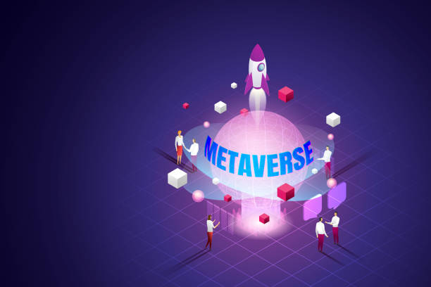 Group people use online connect to virtual world. Experience 3D Metaverse, the limitless virtual reality technology for future users and digital devices of the business world. isometric vector illustration. metaverse stock illustrations