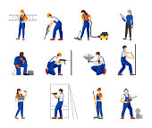 Group repairman man and woman. Construction engineers, architect, builder, home master, painter, carpenter, welder with building equipment tools cartoon vector illustration