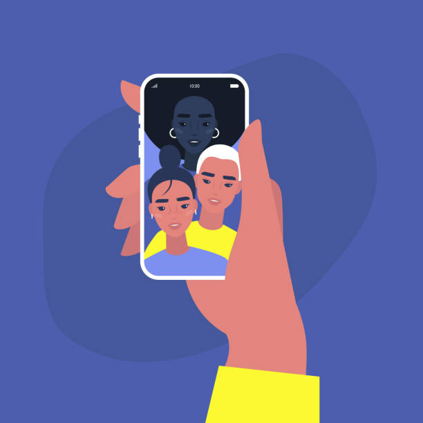 다민족 친구, 소셜 미디어 콘텐츠, 바이러스 성 게시물, bff, 밀레니얼 라이프 스타일의 그룹 셀카 - selfie stock illustrations