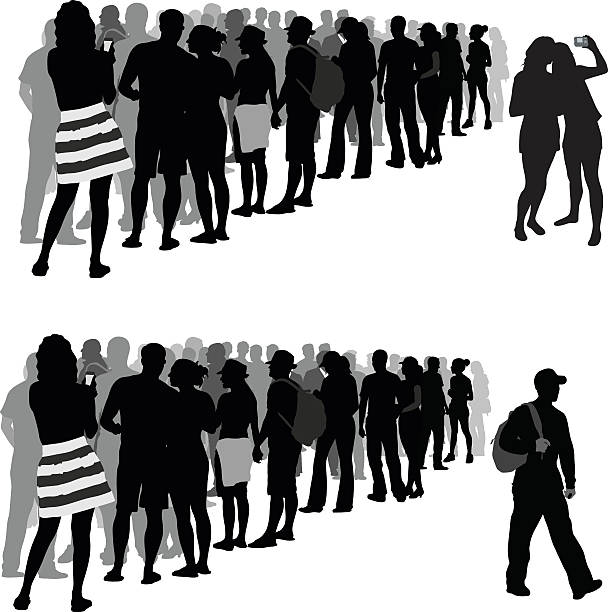 Groupies And Black Sheep Crowd A vector silhouette illustration of a line of people waiting in line.  In the top image two young women separate themselves by taking a selfie beside the line.  The the bottom picture a young man walks away from the crowd carrying a backpack. selfie silhouettes stock illustrations