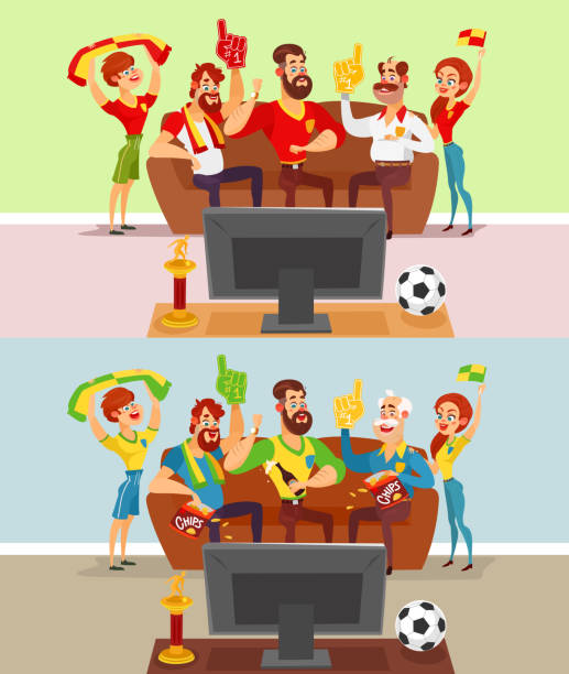 ilustrações de stock, clip art, desenhos animados e ícones de groups of people watching a football match on tv - amigos jogo futebol