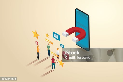 istock Groups people attracted by magnet to smartphone. 1342441676