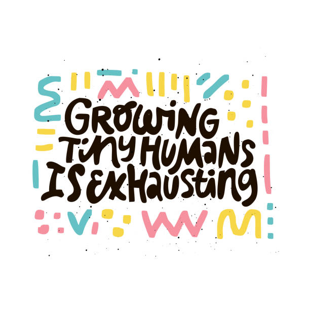 Growing tiny human is exhausting black lettering Growing tiny human is exhausting black lettering. Pregnancy saying with colorful abstract sketches. Maternity saying ink brush inscription. T shirt, motherhood poster, banner flat color design mother patterns stock illustrations