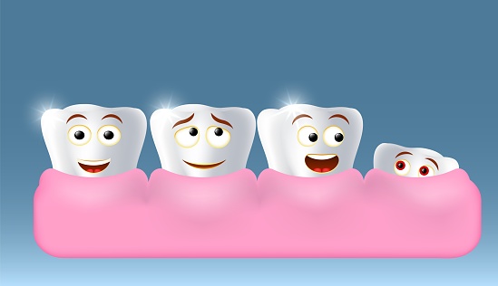 Growing up new tooth character, vector illustration. Children dentistry, dental health, oral hygiene.
