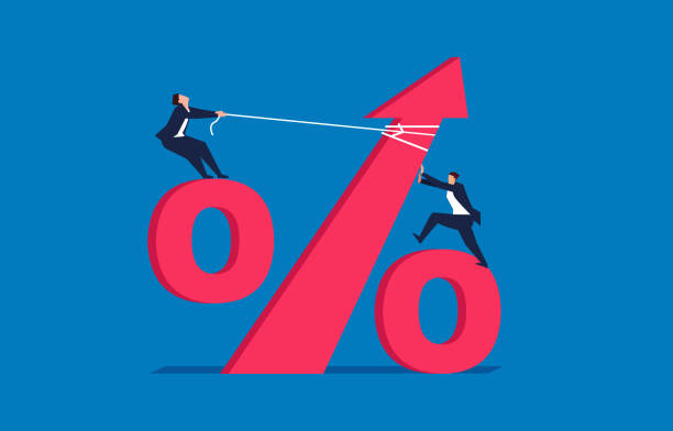 Growing up, two businessmen pull up the percent sign Growing up, two businessmen pull up the percent sign interest rate stock illustrations